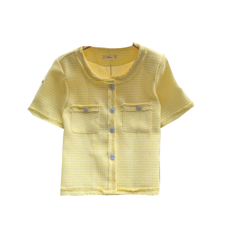 

ALPHALMODA 2021 Breasted Cardigan Coat Women's Summer Outfit Fashion Short Sleeve Top Solid Casual Tweed Summer Top