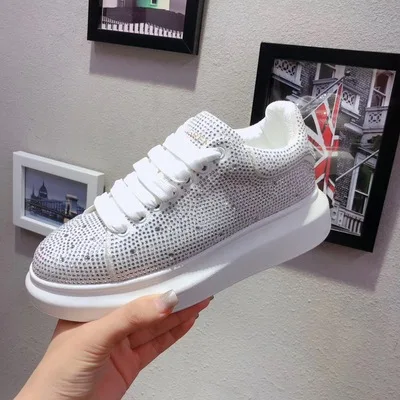 White Bling Ручной работы женские черный, серебристый цвет с украшением в виде кристаллов кроссовки со шнурками модные стразы кроссовки на платформе женская мягкая подошва весенне-осенняя обувь - Цвет: White Bling