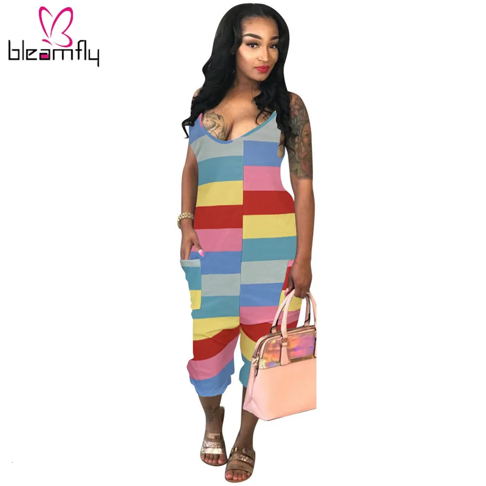 Женский Летний комбинезон на бретельках без рукавов в разноцветную полоску до
