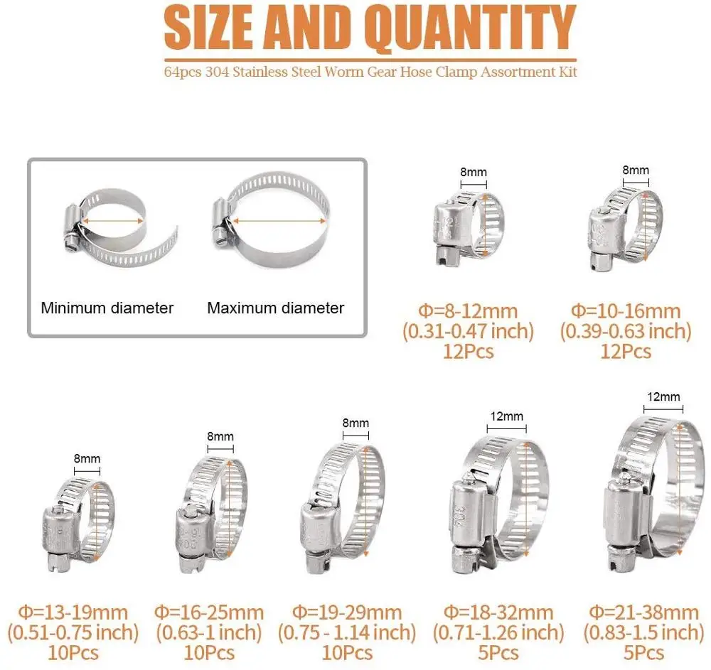 64 шт. регулируемые зажимы диаметром от 8 до 38 мм червячный редуктор зажим для