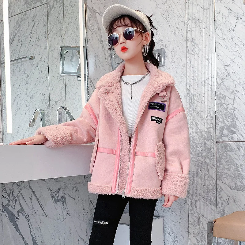 

2021 New Autumn Girls Jackets Warm Thicken Children Fashion Furry Lapel Teenage Deerskin Velvet Turtleneck Tops 4 8 9 10 11 12 Y