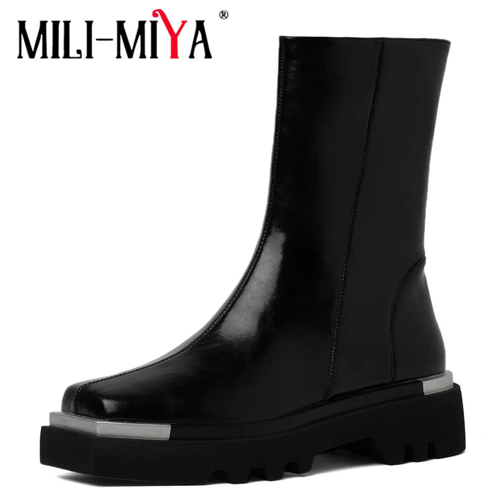 

MILI-MIYA New Fashion Top Quality Leather Women Ankle Boots Autumn Winter Square Toe Thick High Heel Zip Cool Party Lady Shoes