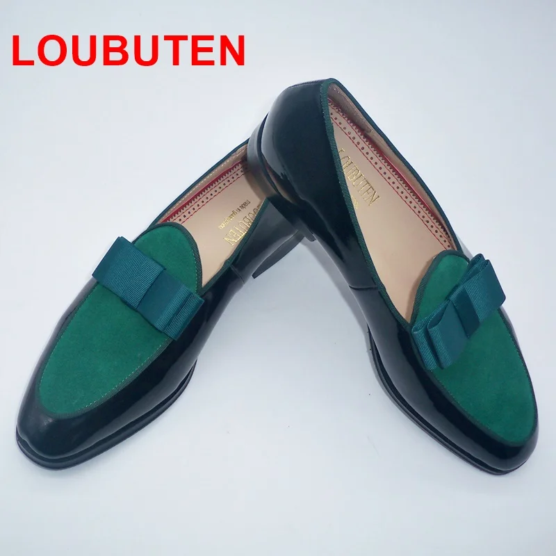 LOUBUTEN Black Patent Leather Shoes Men Bowtie Loafers Patchwork Green Suede Boat Dress Slip-on Wedding | Обувь
