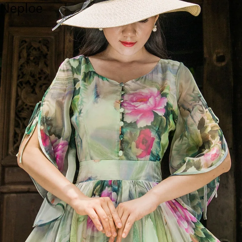 

Neploe Spring Sweet Girl Dresses Slim Waist Vestido 2021 Flower Print Long Chic V-neck Single Breasted Big Swing Long Jupe 43227