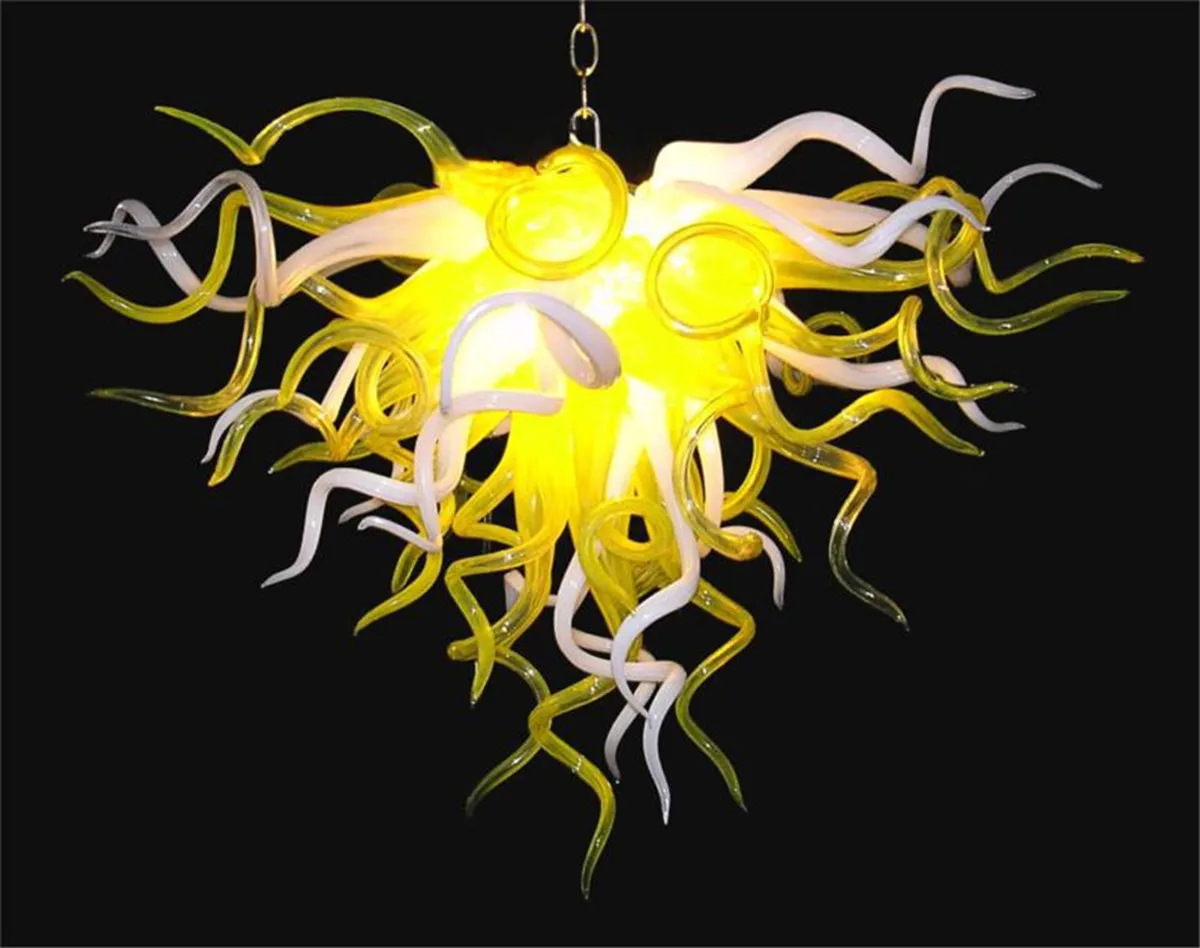 

American Pride Yellow and White Hand Made Blown Glass Chandelier Custom Light