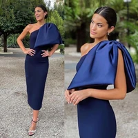 navy blue satin formal evening gown with big bowknot one shoulder tea length party dresses custom made modern vestidos de fiesta