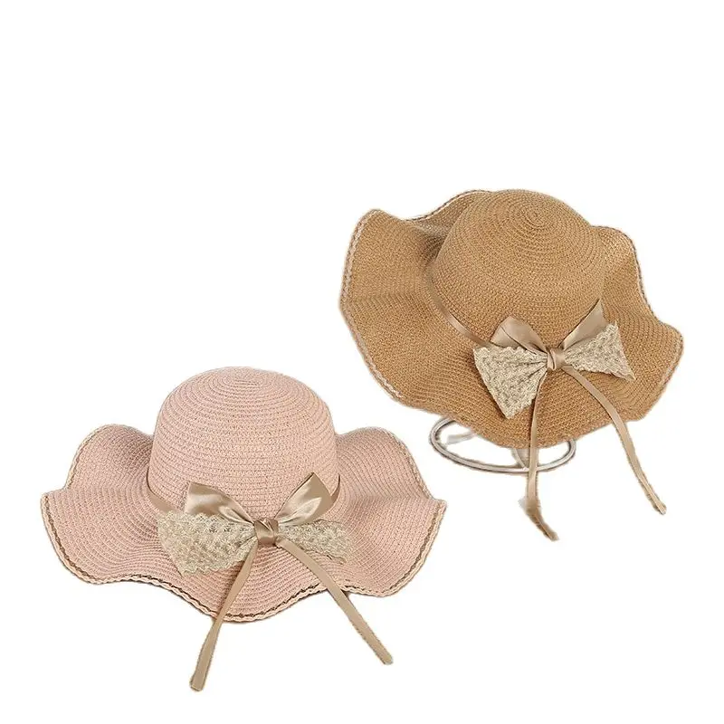 

Korean Style Outdoor Wave Side Women Straw Hat Ladies Fashion Princess Mesh Ribbon Summer Seaside Beach Sun Cap