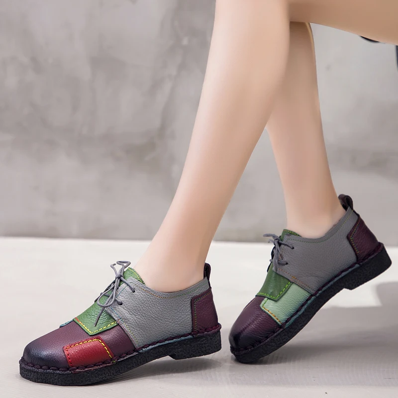 Handmade Women's Shoes Genuine Leather Lace-Up Loafers Patches Stitching Soft Comfortable Casual Women Flats | Обувь