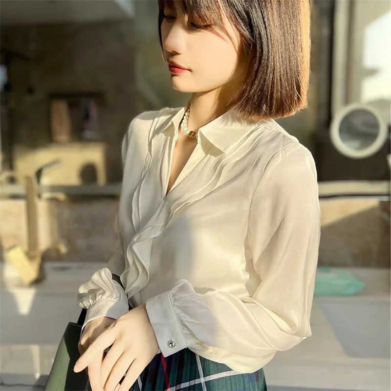 Spring 2022 new style blouse with high quality double silk silky wooden ears V neck white shirt