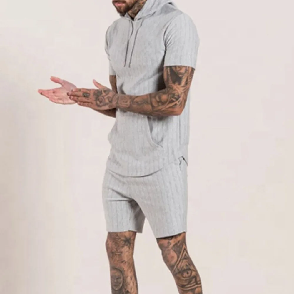 

2021 Spring Summer Men's Outfit Shorts Sports And Leisure Short-sleeved Hooded Sweater Suit Men's Solid Color Two-piece Set Male