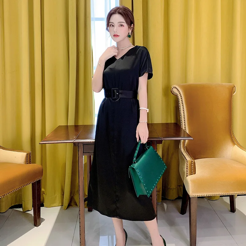 

Silk dress women's middle long 2021 spring and summer new smart V-neck waist show thin temperament women's small black dress