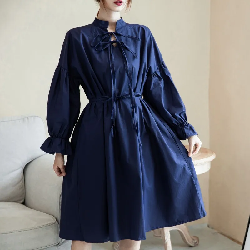 Платье женское винтажное в стиле оверсайз милое свободное Бандажное с длинным