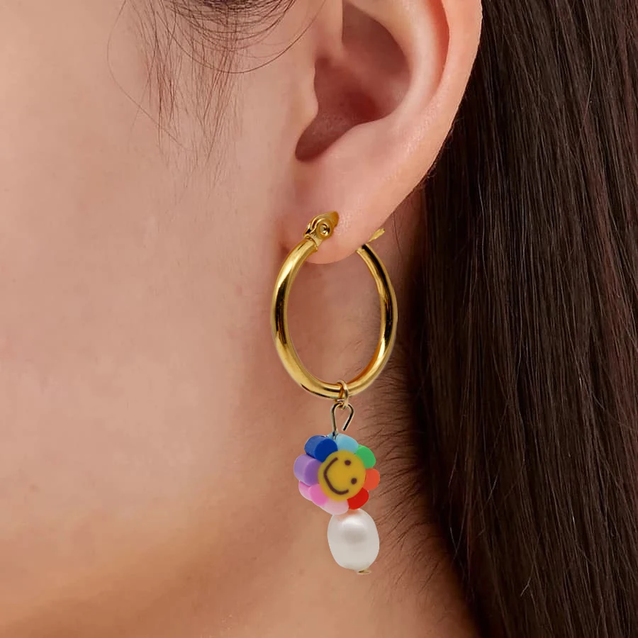 

Go2Boho Real Pearl Drop Earrings for Women Cute Smiley Jewelry 2021 Summer Dangle Earring Female Rainbow Flower Stainless Circle