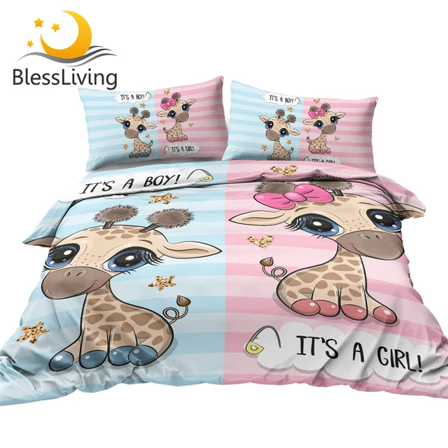 BlessLiving Giraffe Bedding Set Cartoon Bed Cover King Children Duvet Cover Twins Bedspread Comfortable Pink Blue Home Decor 1