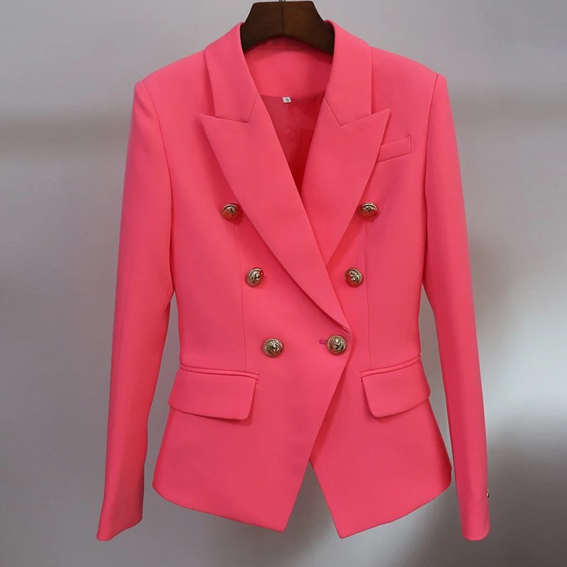 

HIGH STREET Newest 2022 Classic Designer Blazer Women's Metal Lion Button Double Breasted Blazer Jacket Fluorescent Orange Pink