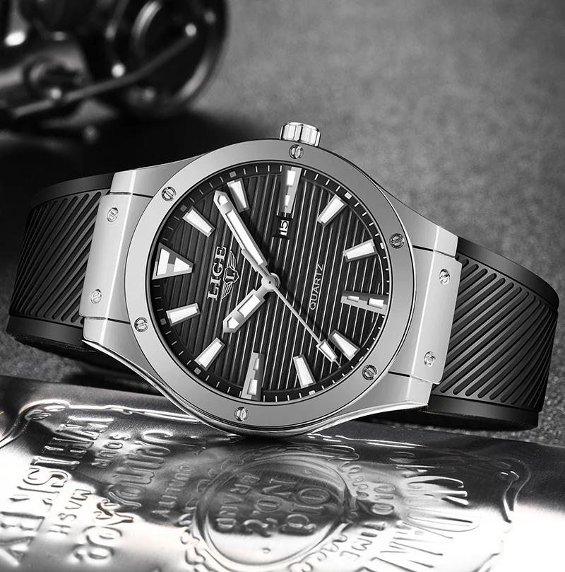 Часы наручные LIGE Мужские кварцевые с силиконовым ремешком брендовые Роскошные