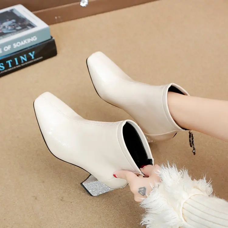 Черные бежевые женские ботильоны из искусственной кожи со стразами на Высоком