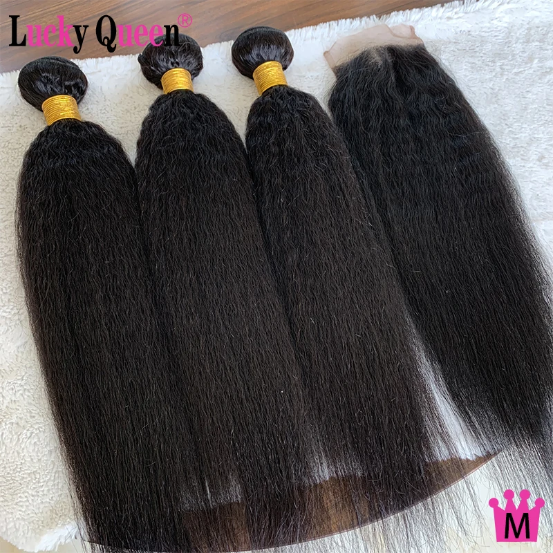 

Brazilian Kinky Straight Bundles With 4x4 Lace Closure 8-28 Inch Human Hair 3 Bundles With Closure Lucky Queen Non-Remy Hair