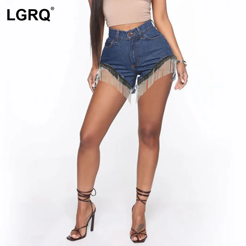 

[LGRQ] Women Wide Leg Deep Blue Hole Tassel Denim Shorts New High Waist Loose Trousers Fashion Tide Spring Summer 2021 19D1770