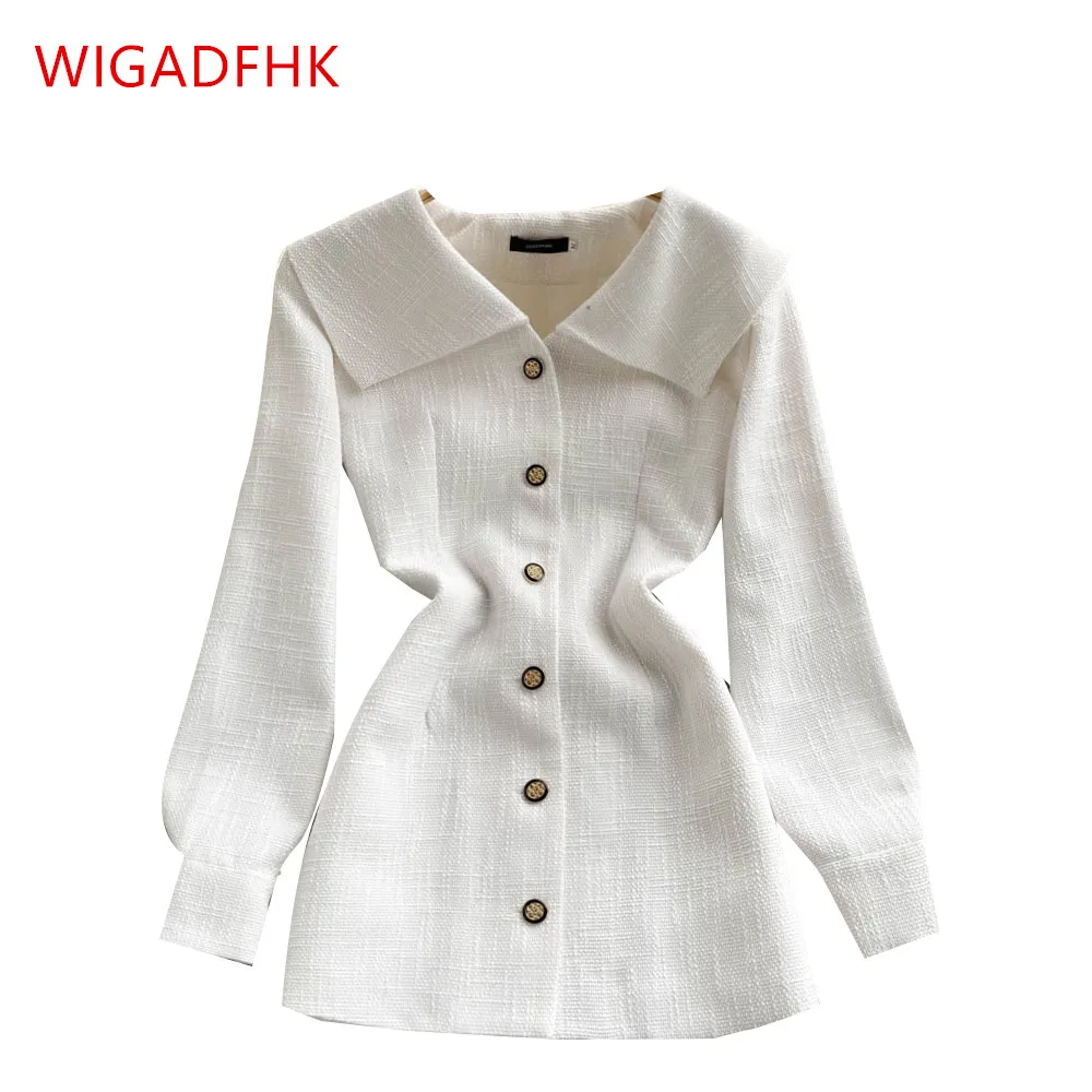

Korean Fashion 2022 Autumn/Winter Single-breasted Doll Collar Small Fragrance Dress Female Elegant Office Casual Dress Vestidos