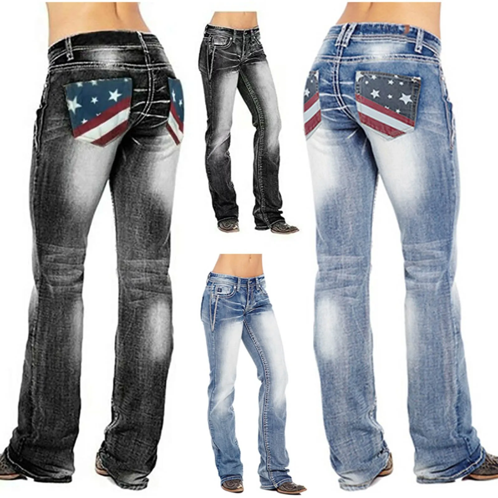 

Women Star Stripe Print Jeans Gradient Washed Jeans Trousers Lady Fashion Vintage Streetwear Long Straight Pants брюки женские