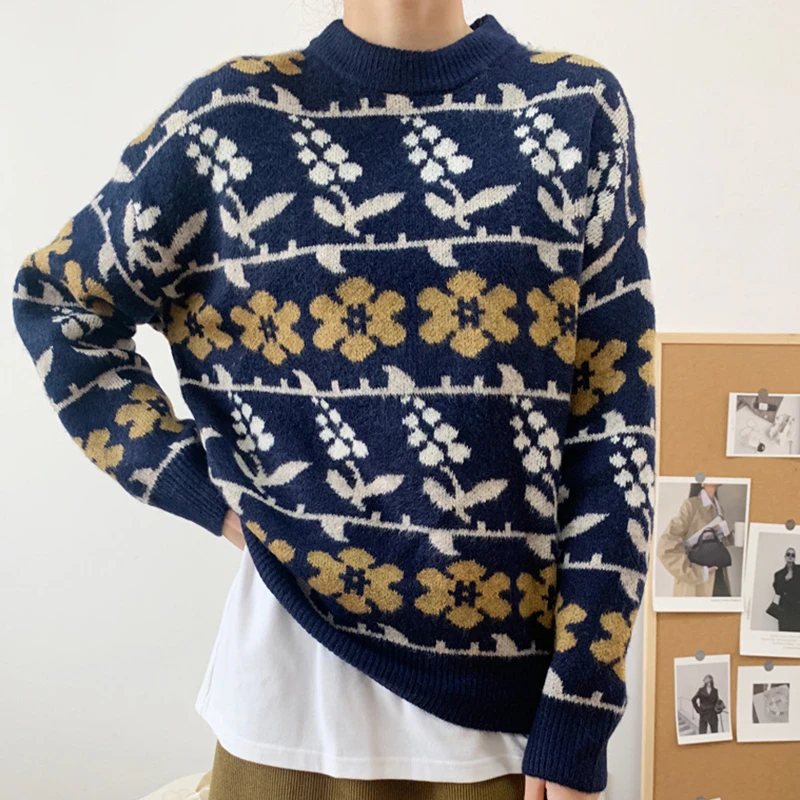 

Женский зимний свитер с круглым вырезом, модель 2021 в Корейском стиле, повседневный Женский Топ с длинным рукавом, 0217