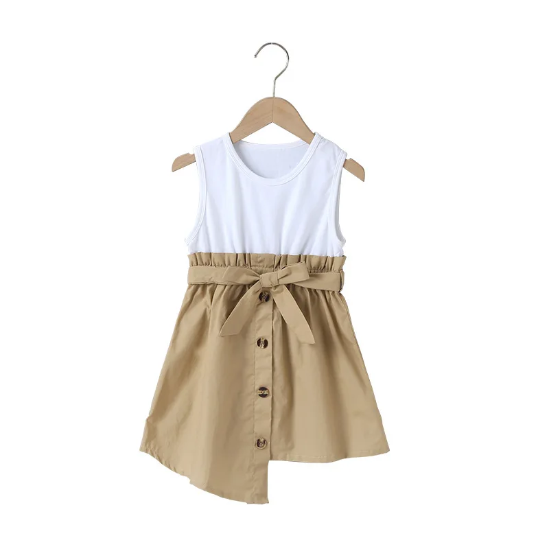 

Summer 2021 Girls Dress Girls Sleeveless O Neck Patchwork Sashes Button Khaki Skirt Cute Dress Vestidos 18M-6T