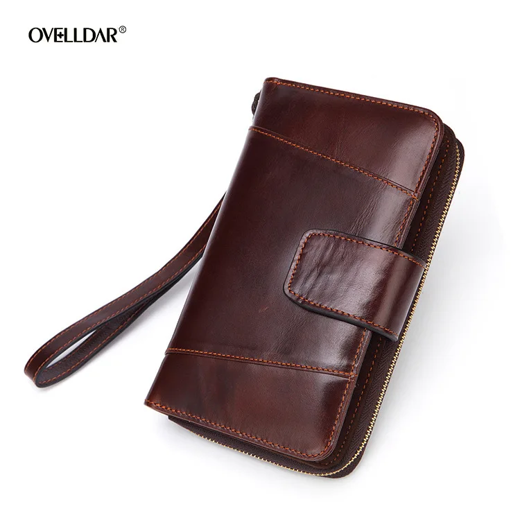 Genuine Leather Wallet Men's Zipper Bag Long Multi-function Mobile Phone Bag Oil Wax Leather Clutch Business Card Bag
