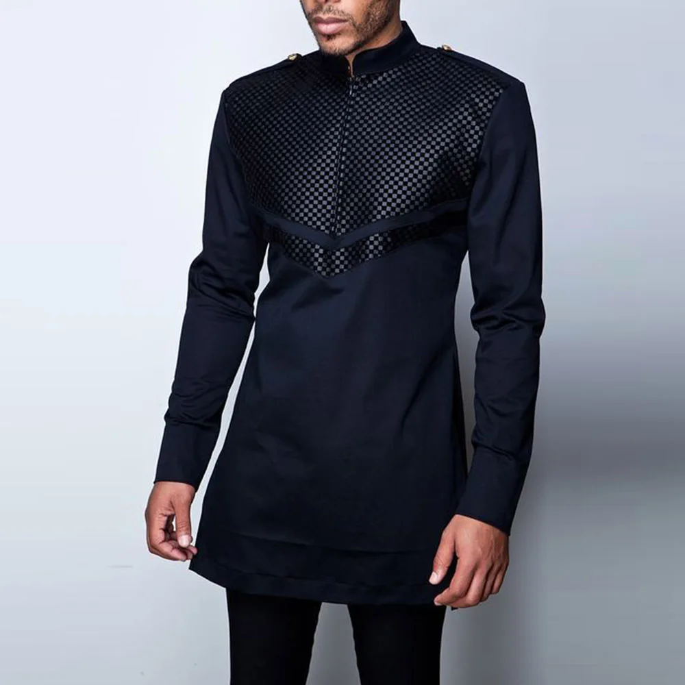 2022 Men's T-Shirt African Dashiki Long Sleeve Patchwork top Spring Fashion Mid-length Male Clothing Plus Size 4xl Black T shirt