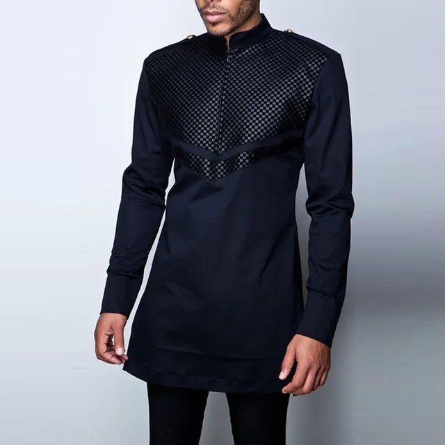 2022 Men's T-Shirt African Dashiki Long Sleeve Patchwork top Spring Fashion Mid-length Male Clothing Plus Size 4xl Black T shirt 1