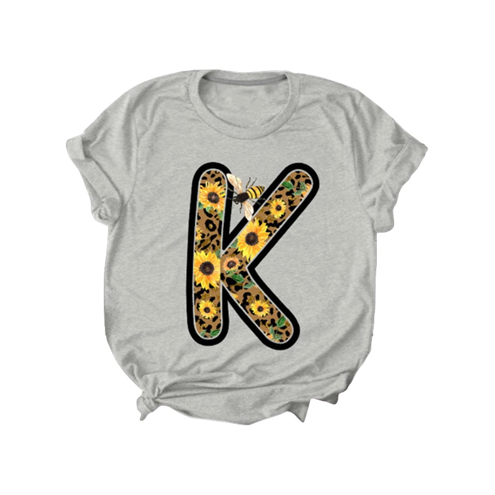 

Women T Shirt Print Letter T-shirt Casual Short Sleeve Cotton O Neck K Letter Sunflower Bee Print Loose T-shirt Blouse Top