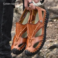golden sapling fashion mens sandals genuine leather beach shoes breathable outdoor sandals retro summer men leisure rome shoes