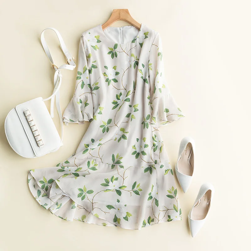 

Summer new Gardenia print 5 / 4 flared sleeve mulberry silk crepe de Chine silk dress