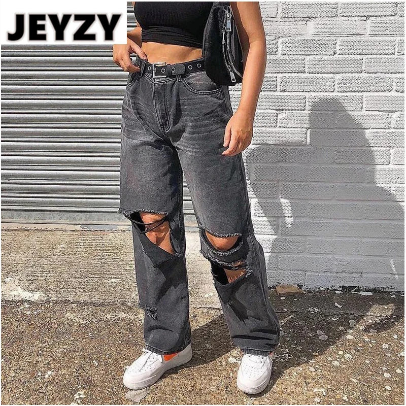 

Женские черные джинсы-карго, рваные брюки для женщин, джинсы МОМ с высокой талией, винтажные свободные серые прямые мешковатые джинсы в стил...