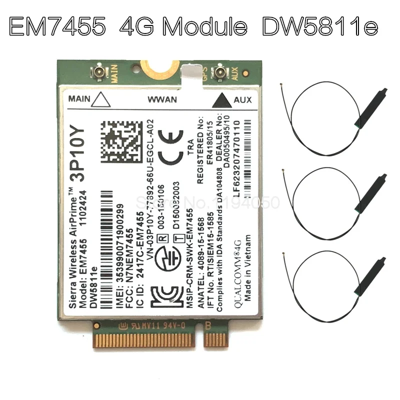 Беспроводной модуль EM7455 LTE 4G NGFF DW5811E 3P10Y 300 M para E7270 E7470 E7370 E5570 Sem Fio FDD/TDD LTE 4G Cat6 Gobi6000+ ANTEN