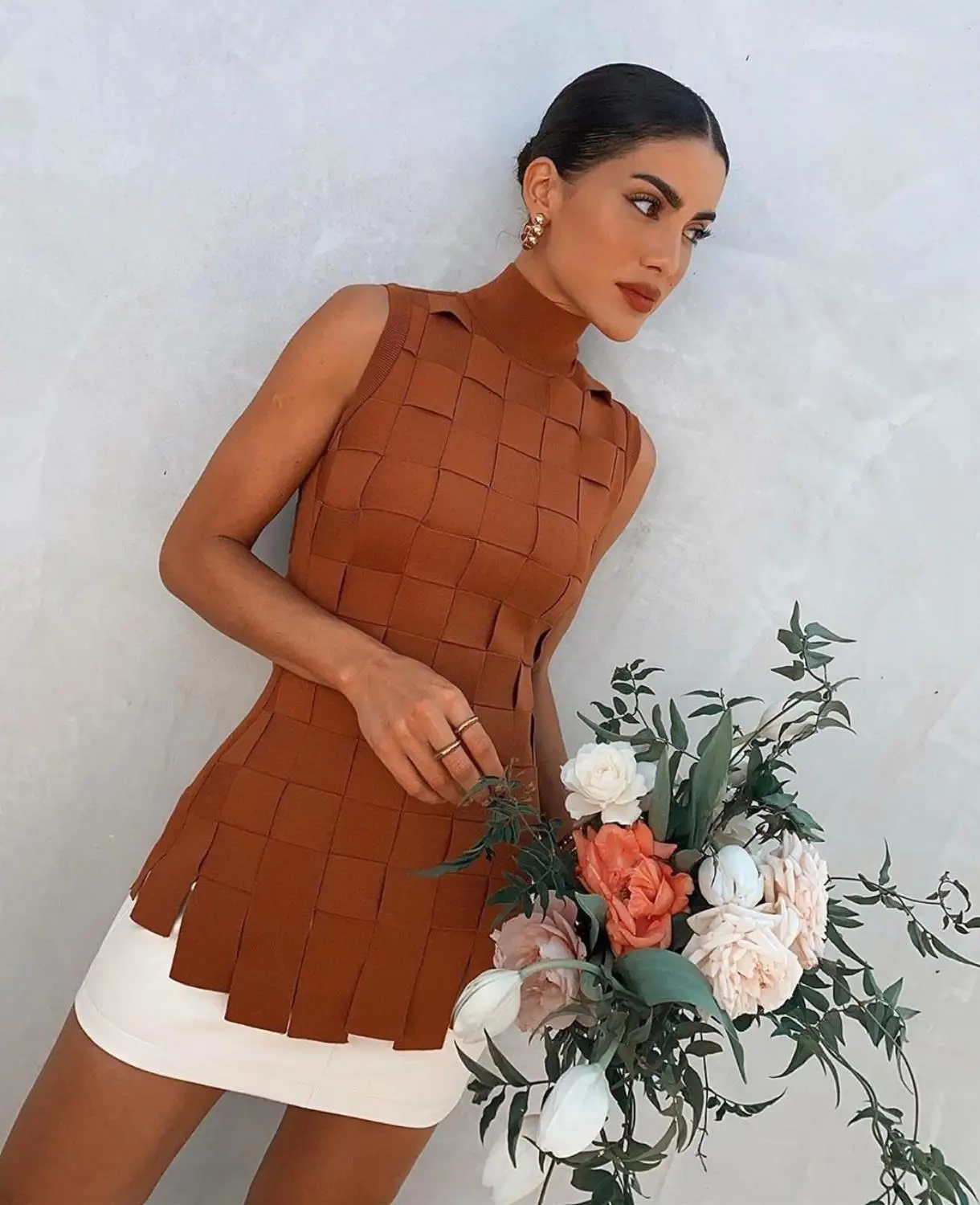 2020 New Fashion Bandage Set 2 Pieces Choker Brown Top Patchwork Sleeveless White Mini Skirts Elegant Sexy Sheath Vestidos