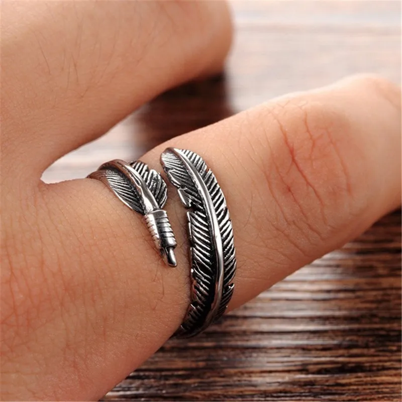 

Retro High-quality Antique Silver Plated Jewelry Thai Silver Not Allergic Personality Feathers Arrow Opening Rings