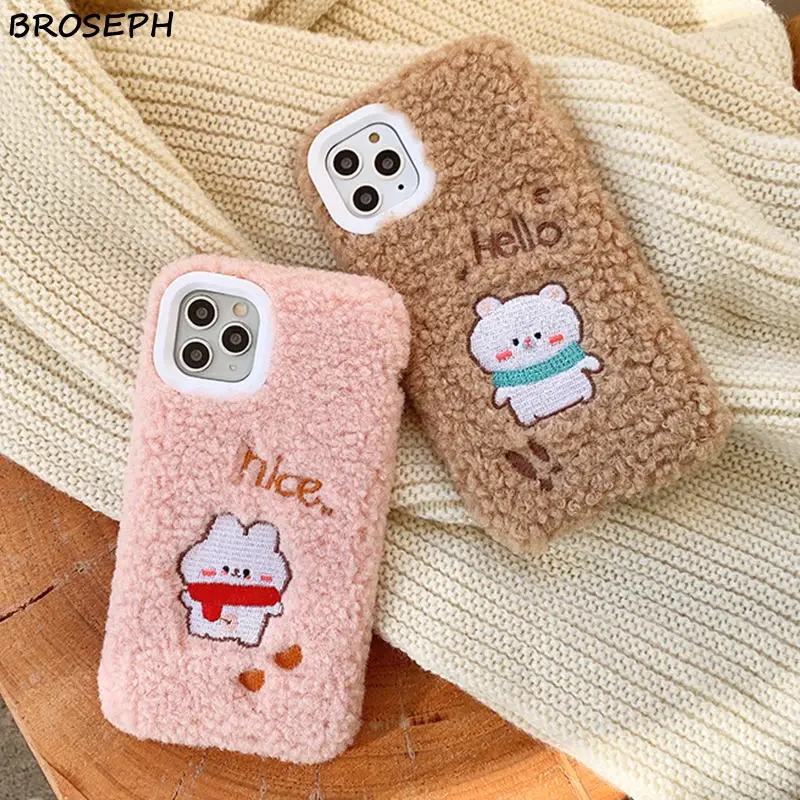 Для iphone 11 Pro Max чехол милый 3D вышитый шарф медведь теплый плюшевый Чехол Мягкий ТПУ