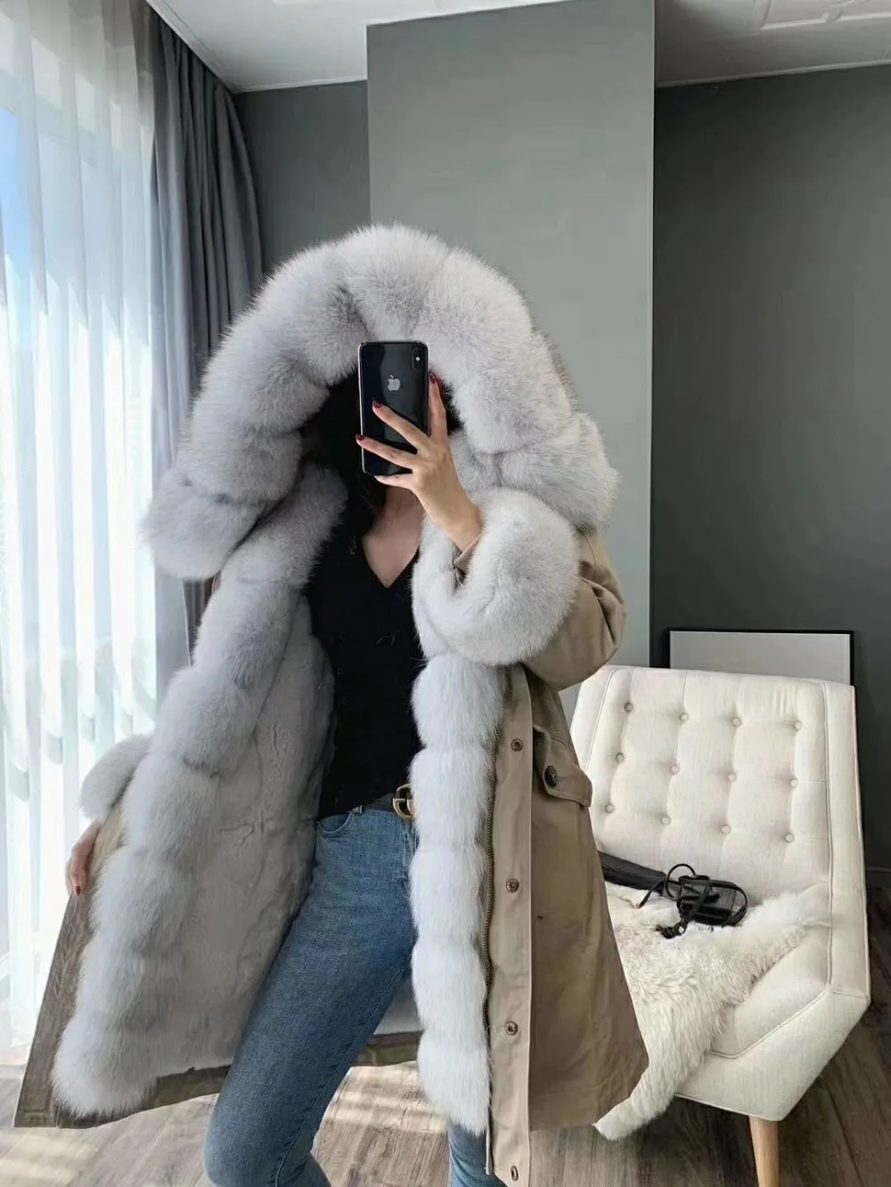 Пальто из натурального меха зимняя куртка женская длинная парка натуральный Лисий меховой капюшон, воротник Рекс подкладка из кроличьего меха Съемная уличная