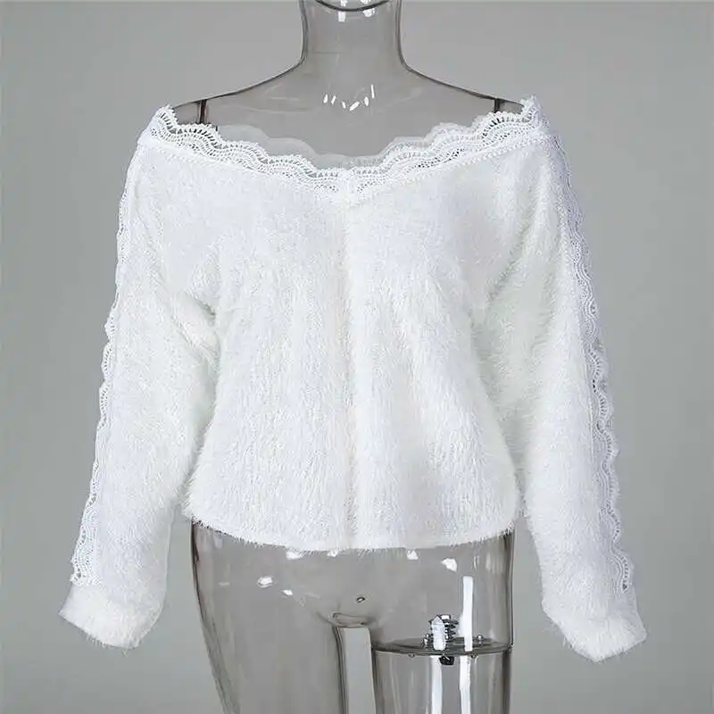 

Jumper Sleeve Coat Women Sweater Long V-neck Tops Pullover Lace Ladies Tunic