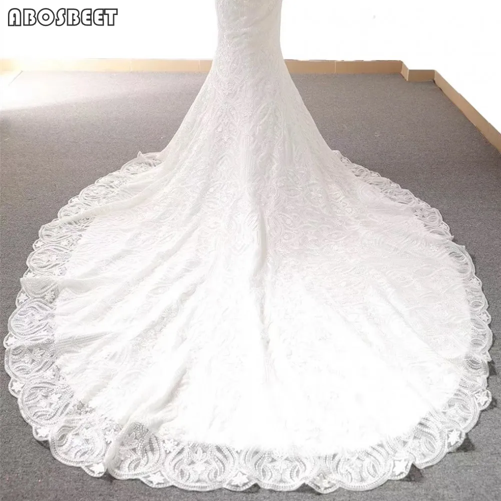

Mermaid Wedding Dress with Long Train Trumpet Lae Wedding Gown 2021 Embroidery Lace Sweetheart Pearls Belt Vestido De Noiva