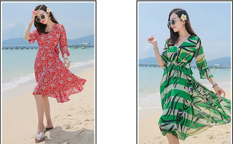 Chiffon Neck V Robe Femme Slim Bohemian Holiday Beach Dress Female Floral Summer Dresses For Women Vestidos Mujer FYY497 es | Женская
