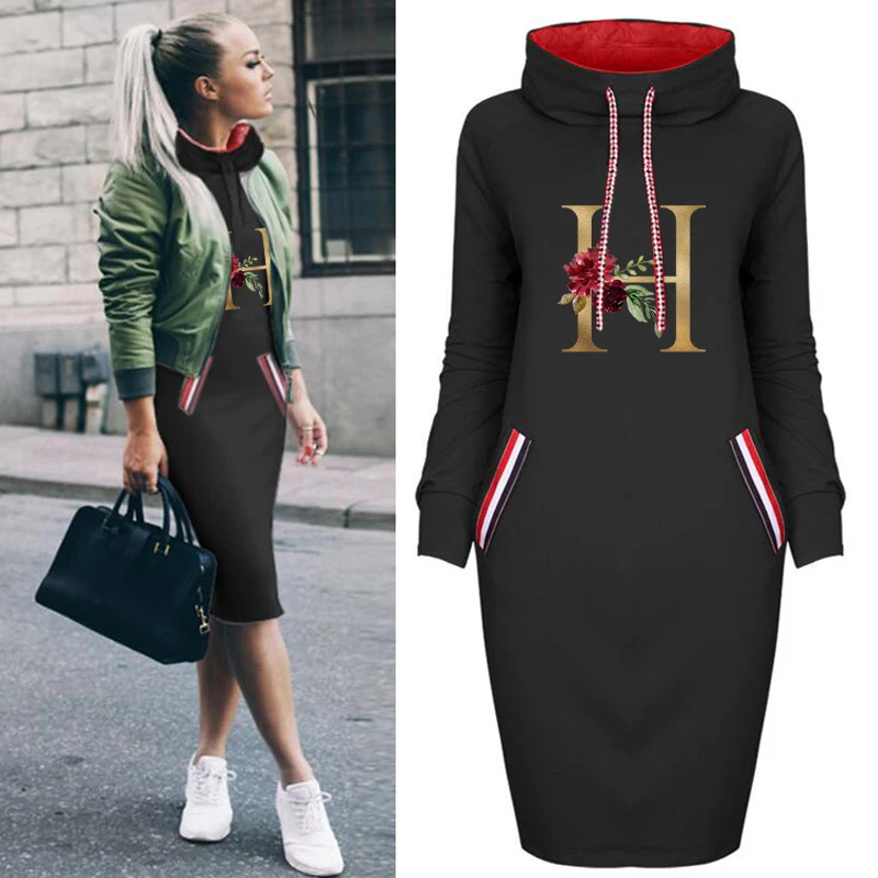 

2021 Fall Women Bodycon Dress Letter h Print Long Sleeve Casual Dresses Elegant Party Black Vintage Slim Short Dress
