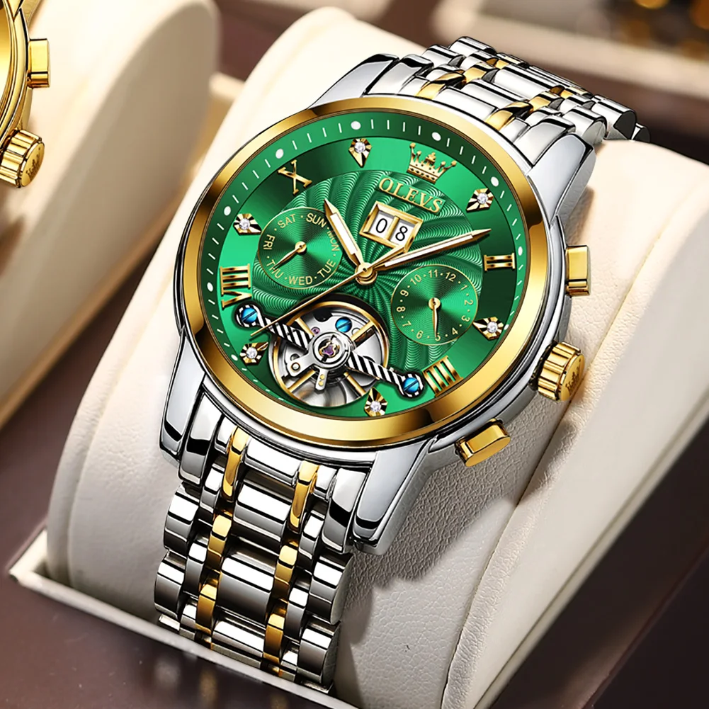 OLEVS Luxury Men Mechanical Watches Green Automatic Stianless Steel Waterproof Tourbillon watch  Relógio masculino 9910 Gifts