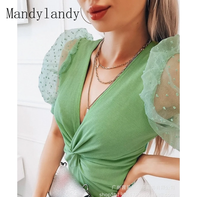 

Mandylandy T-shirt Summer Mesh Short Puff Sleeve V-neck Stitching T-shirt Women's Slim-Fit See-through Lace Solid Color T-shirt