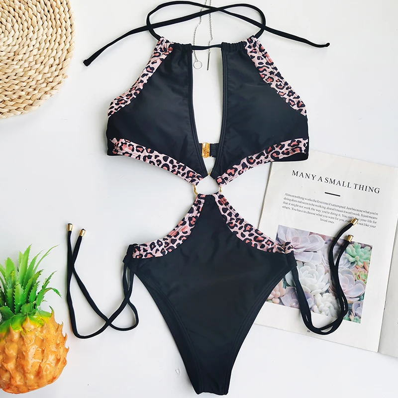Leopard print swimsuit for women 2020 Halter one piece bodysuit Hollow out swimwear Extreme brazilian monokini Ring bathing suit | Спорт и