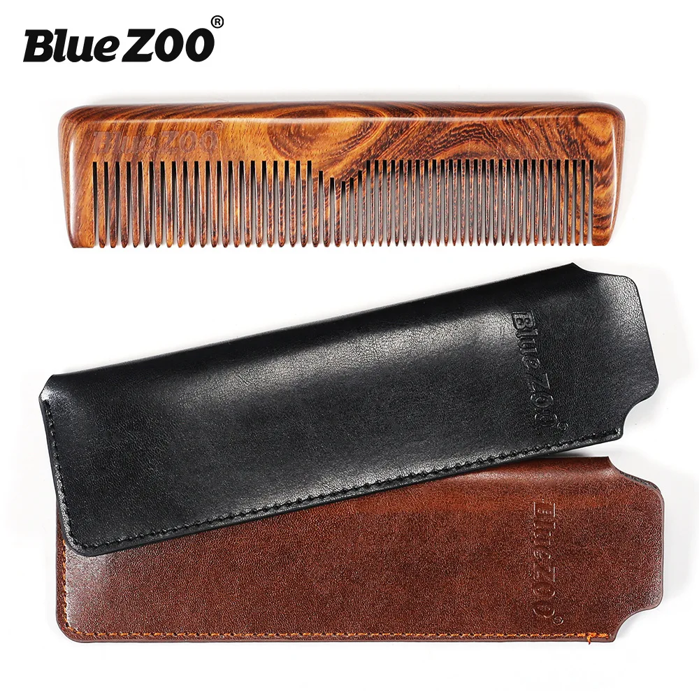 Black and Golden Sandalwood Comb + Leather Bag Thickness Long Comb Bluezoo Portable Hair Comb Beard Comb Beard Men's Care