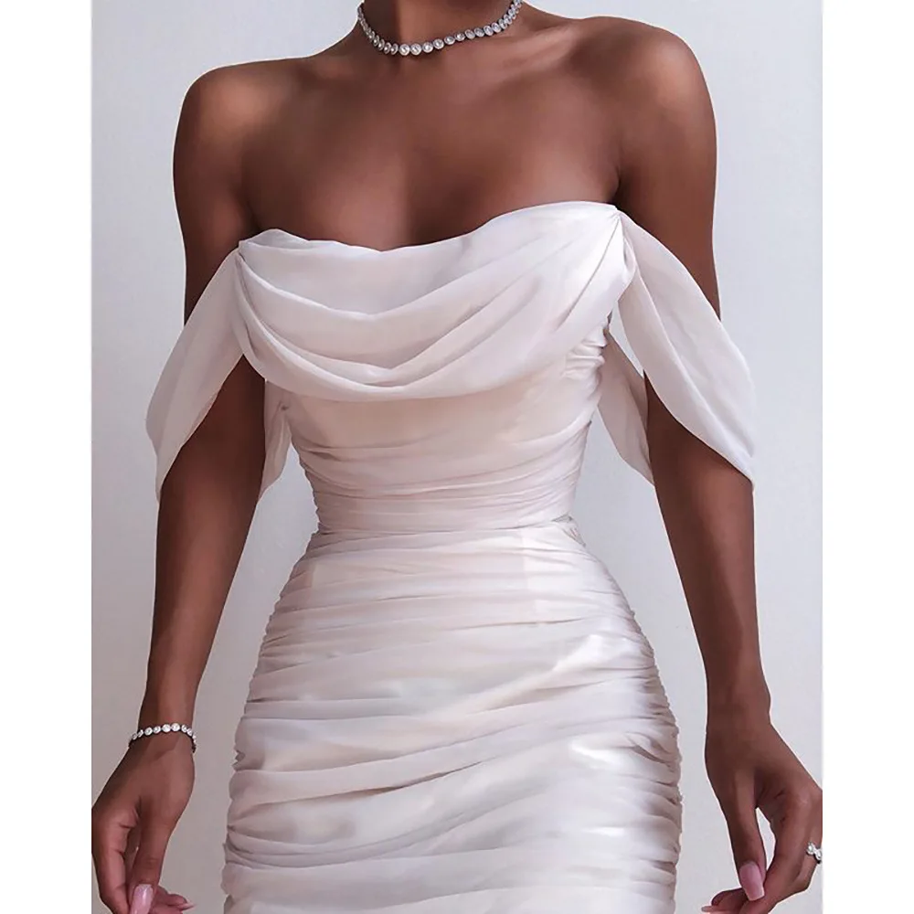 

Summer Dress Women Sexy Gauze Off The Shoulder Strapless Solid Folds Dresses Ladies Elegant Party Vestidos