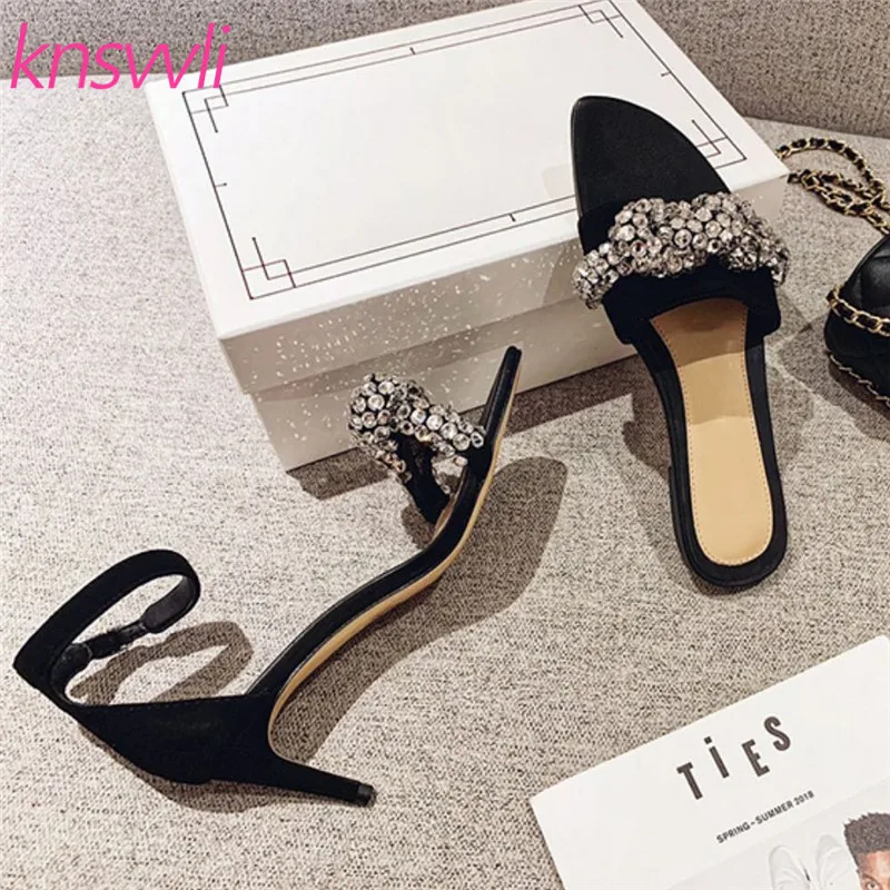 Сандалии на высоком каблуке со стразами и бантом Женские замшевые сандалии