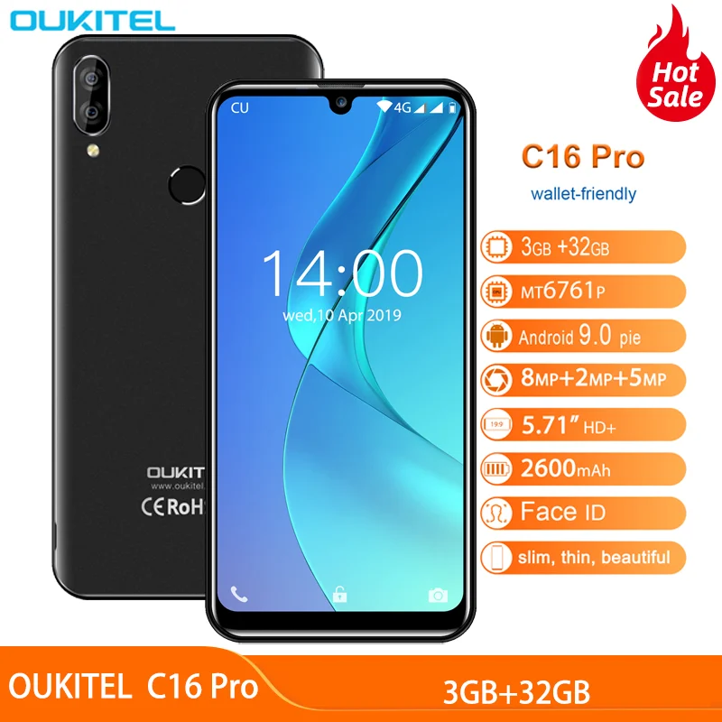 Смартфон OUKITEL C16 Pro 3 Гб + 32 ГБ экран 5 71 дюйма 19:9 Android 9 0 четырёхъядерный сканер